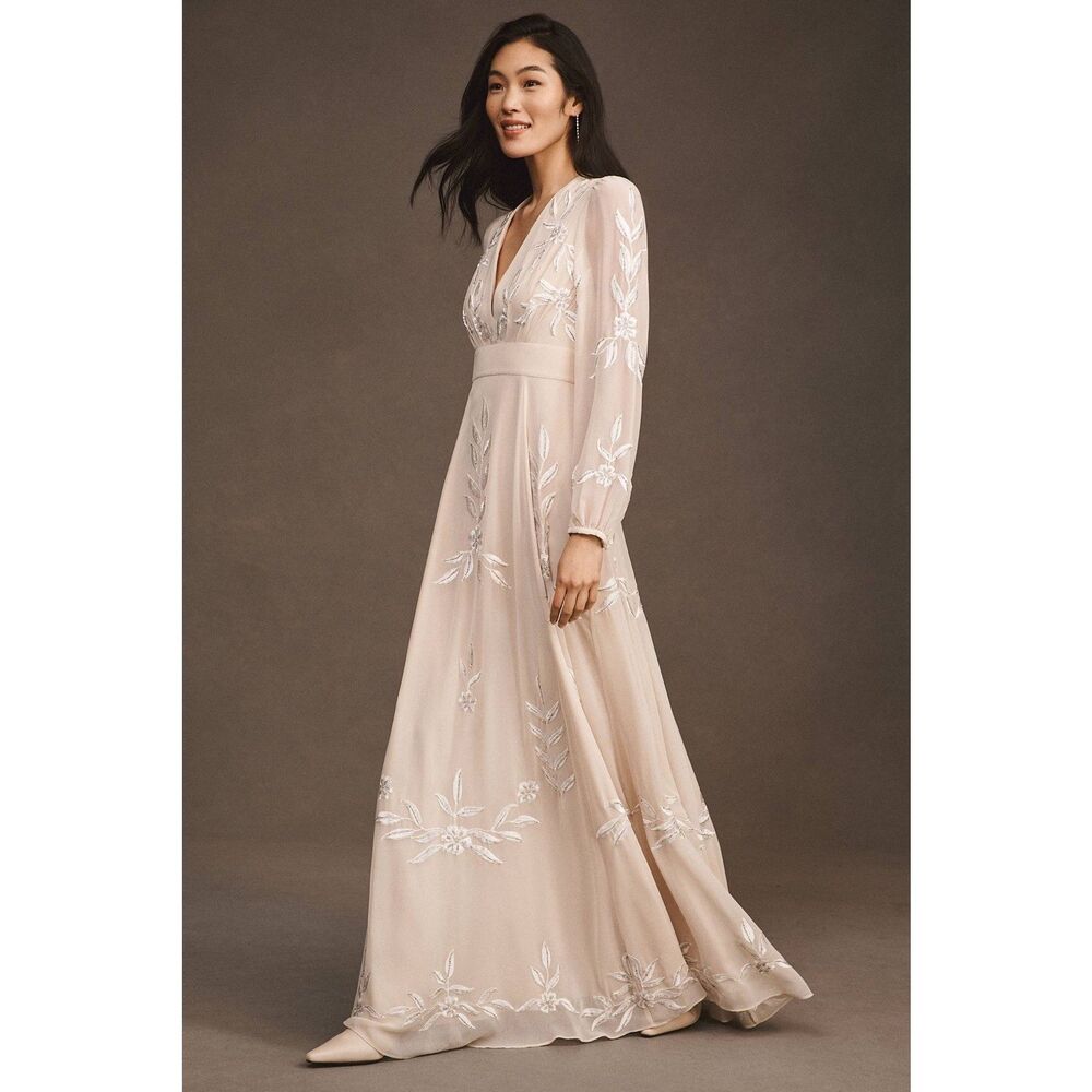 Anthropologie BHLDN Belize Embroidered A-Line Long-Sleeve V-Neck Gown - Picture 2 of 8